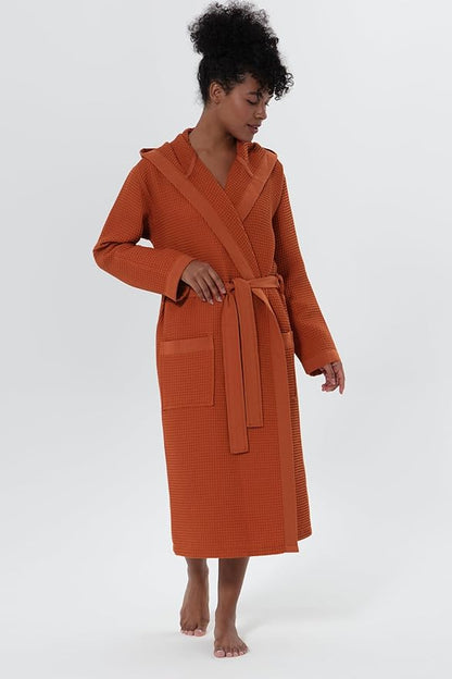 Women’s Luxury Waffle Shawl Collar, Hooded Robe w Piping – Lightweight, Long, Ultra Soft Spa Sleepwear Bathrobe