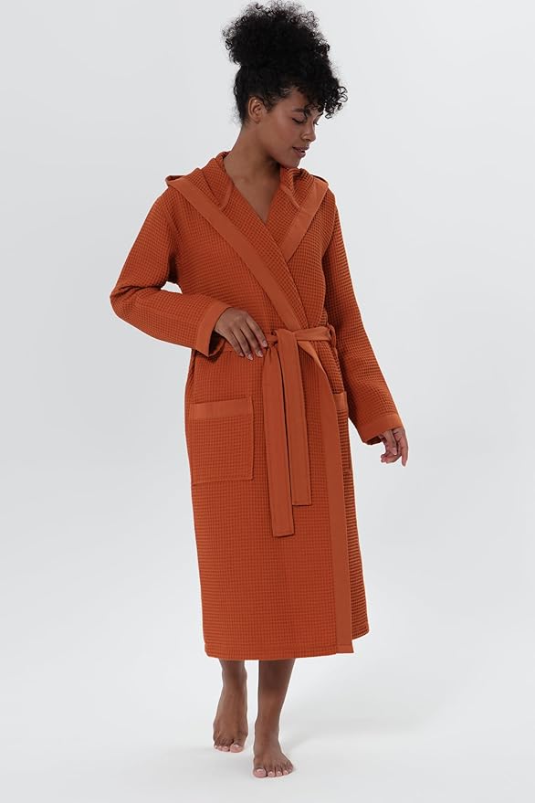 Women’s Luxury Waffle Shawl Collar, Hooded Robe w Piping – Lightweight, Long, Ultra Soft Spa Sleepwear Bathrobe