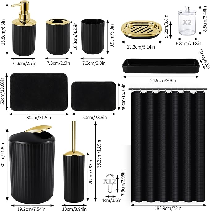 Black and Gold Bathroom Set with Shower Curtain and Rugs, Bathroom Accessories Sets with Extra Soft and Absorbent Bath Rugs Shower Curtain Black Bathroom Sets for Bath
