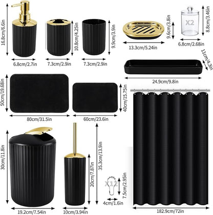 Black and Gold Bathroom Set with Shower Curtain and Rugs, Bathroom Accessories Sets with Extra Soft and Absorbent Bath Rugs Shower Curtain Black Bathroom Sets for Bath