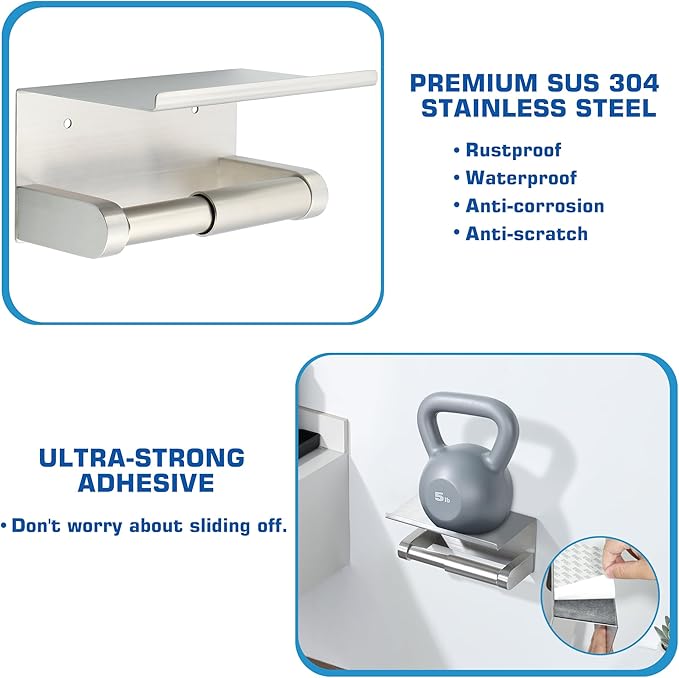 Alise Toilet Paper Holder,Double Post Paper Holder SUS304 Stainless Steel Toilet Paper Roll Holder with Shelf Spring Loaded Tissue Holder (Adhesive or Screw),Brushed Nickel