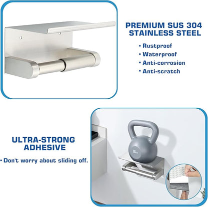 Alise Toilet Paper Holder,Double Post Paper Holder SUS304 Stainless Steel Toilet Paper Roll Holder with Shelf Spring Loaded Tissue Holder (Adhesive or Screw),Brushed Nickel