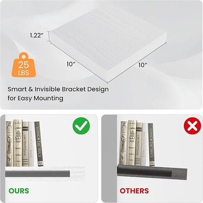 Square Floating Shelves for Wall, 10" W x 10" D x 1.2" H, Small Wooden Wall Mounted Display Shelves with Invisible Brackets for Living Room, Bedroom, Bathroom, Kitchen Decor, Set of 4, White