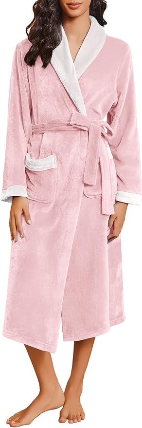 Ekouaer Robes for Women Soft Long Bathrobe Lightweight Fleece Shawl Collar Spa Robe Cozy Sleepwear with Pockets S-XXL