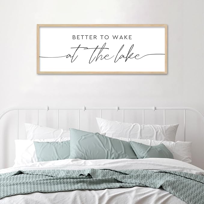 SRSZHIYUE Better To Wake At The Lake Wall Decor Above Bed Sign 40"×15" for Lake House Bedroom Over Bed Large Wood Framed Wall Hanging Art (Wood)