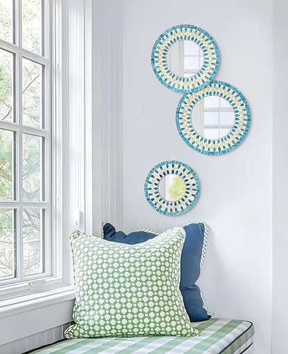 TEIPAI Handmade Mother of Pearl Mirror for Wall Decor, 3PCS Round Decorative Mirrors for Beach Nautical Home Hotel Coffee Shop, Natural Plate Art Hanging Sculpture for Dorm Apartment Entryway (Blue)