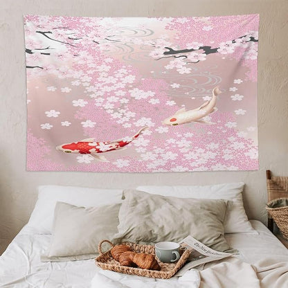 Houselerax Japanese Koi Fish Tapestry, Cherry Blossoms Asian Oriental Pink Flower Branch Koi Fish Carp Tapestries Wall Hanging for Bedroom Living Room Office Decor 90"x60"