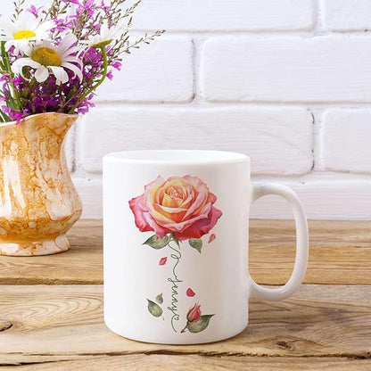 Novelty Rose Accent Cup For Girl, Personalized Rose Flower Coffee Mug 11oz 15oz, Customized Rose Lover Ceramic Cup With Name, Custom Flower Design Mug, Gift For Anniversary