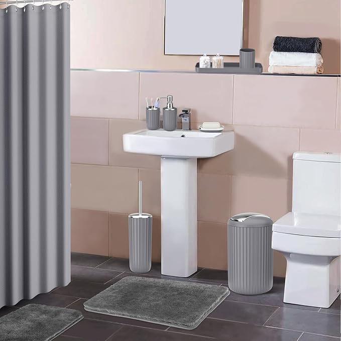 24 PCS Gray Bathroom Accessories Set with Shower Curtain and Rugs, Bathroom Sets with Extra Soft and Absorbent Bath Rugs Shower Curtain Bathroom Accessory for Bath