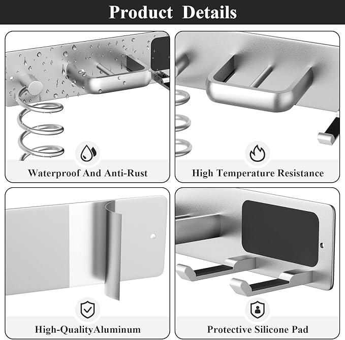 Tindbea Hair Dryer Holder Curling Iron Holder Flat Iron, Blow Dryer Holder Wall Mount, 3 in 1 Bathroom Hair Tool Organizer Rack for Universal Dryer, Silver Color