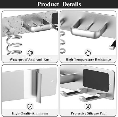 Tindbea Hair Dryer Holder Curling Iron Holder Flat Iron, Blow Dryer Holder Wall Mount, 3 in 1 Bathroom Hair Tool Organizer Rack for Universal Dryer, Silver Color