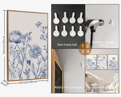 Tinonedraw Large Classic Chinoiserie Flower Framed Canvas Wall Art Set, Navy Blue and White Floral Wall Decor, Minimalist Neutral Botanical Art Printing for Living Room Bedroom Office Dorm 16"x24"x3