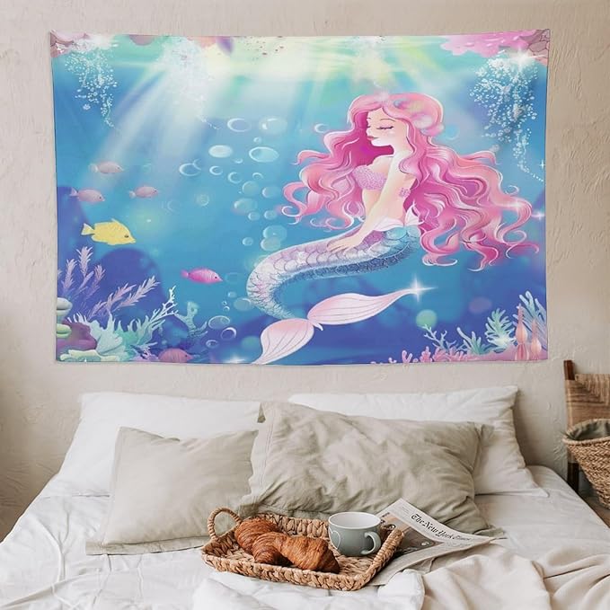 HZOHNAGO Mermaid Girls Tapestry Watercolor Mermaid Princess Pink Hair Pattern for Kids Room Decoration Printed Wall Tapestry Wall Hanging for Bedroom Living Room Dorm 90" W x 60" H
