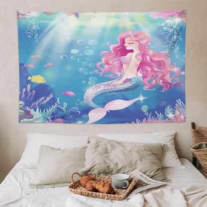 HZOHNAGO Mermaid Girls Tapestry Watercolor Mermaid Princess Pink Hair Pattern for Kids Room Decoration Printed Wall Tapestry Wall Hanging for Bedroom Living Room Dorm 90" W x 60" H