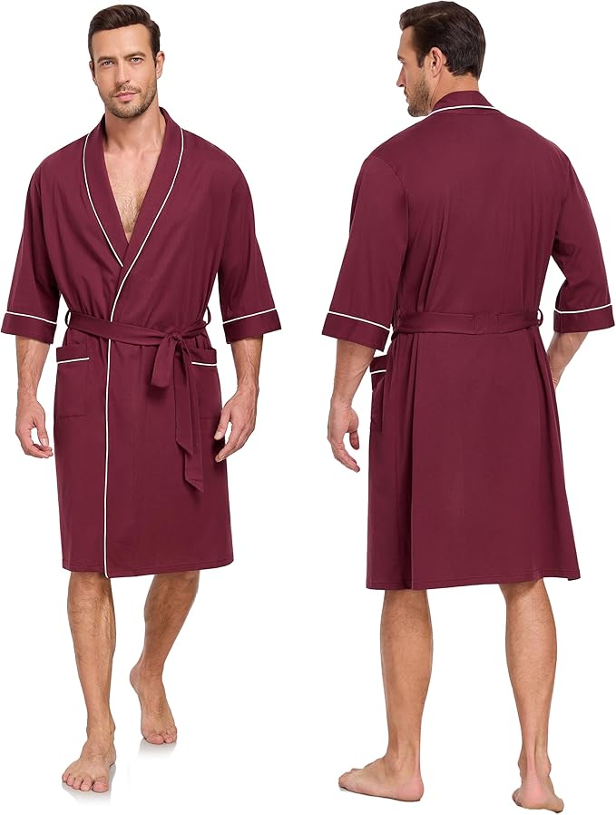 CF Men's Robe Cotton Bathrobe Soft Short Sleeve Bath Robes Shower Robe for Spa Soft Kimono Lightweight Sleepwear with Pockets