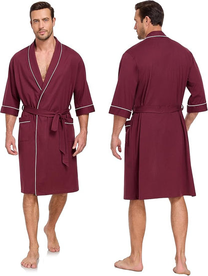 CF Men's Robe Cotton Bathrobe Soft Short Sleeve Bath Robes Shower Robe for Spa Soft Kimono Lightweight Sleepwear with Pockets
