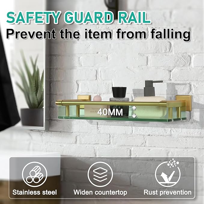 16 Inch Brusheld Gold Bathroom Glass Shelves with Stainless Steel Railing, Tempered Floating Glass Modern Decoration Bathroom Shelf Sink Over Toilet