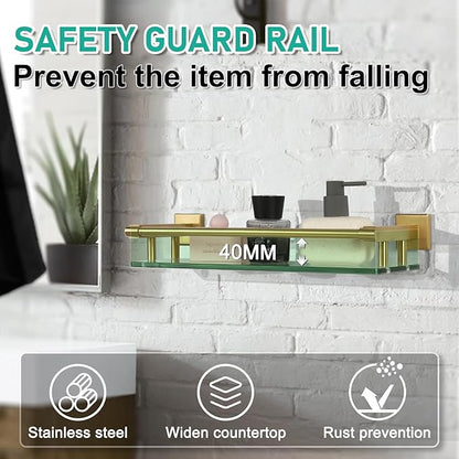 16 Inch Brusheld Gold Bathroom Glass Shelves with Stainless Steel Railing, Tempered Floating Glass Modern Decoration Bathroom Shelf Sink Over Toilet