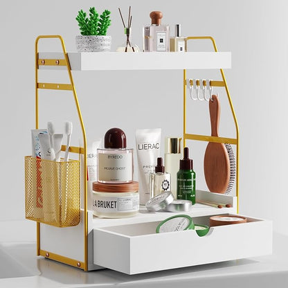 2 Tier Bathroom Counter Organizer with Drawer & Basket, Wooden Vanity Tray Countertop Shelf Accessories for Makeup Storage, Coffee Bar Station, Perfume Skincare, Kitchen, Bedroom (White)