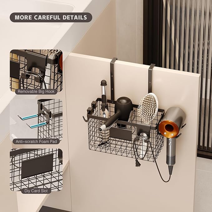 2 Pack Hair Tool Organizer,Adhesive Hair Dryer Holder Cabinet Door/Wall Mounted Adjustable Height Blow Dryer Holder Under Sink Bathroom Hair Appliance Organizer and Storage Countertop(Black)