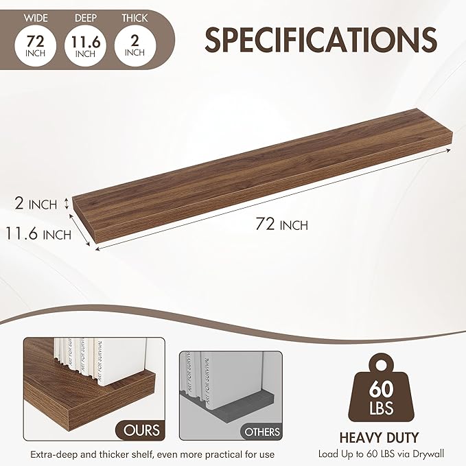 72 Inch Floating Shelves, 12" Deep Floating Shelf Wall Mounted, 72" Wall Shelves, Rustic Deep Bookshelf, Extra Deeper & Thicker Display Shelves for Bedroom, Living Room, Walnut, Set of 1