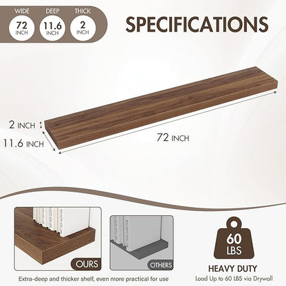 72 Inch Floating Shelves, 12" Deep Floating Shelf Wall Mounted, 72" Wall Shelves, Rustic Deep Bookshelf, Extra Deeper & Thicker Display Shelves for Bedroom, Living Room, Walnut, Set of 1