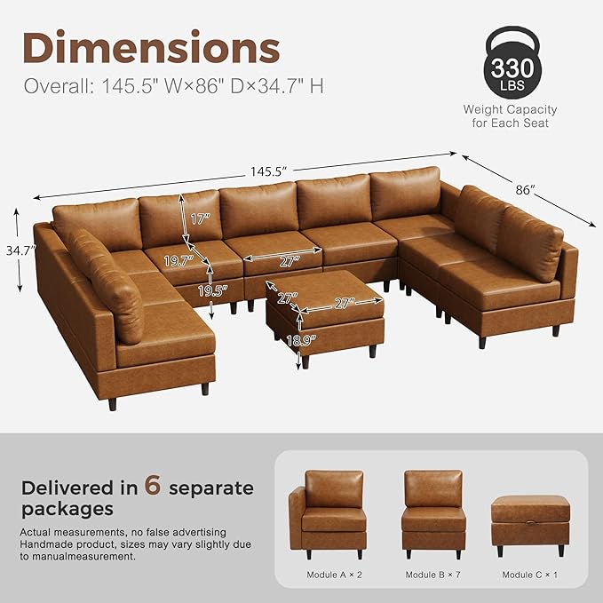 ABCASA Oversized 145.5" Faux Leather Modular Sectional Sofa, Modern Large 10 Seater U Shaped Couch with Storage Seat with Reversible Chaise Deep Seat for Living Room DIY Combination - Brown