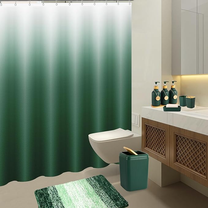 32PCS Dark Green Bathroom Accessories Set with Shower Curtain,Rugs,Trash Can,3PCS Lotion Soap Dispenser, Toothbrush Holder, Soap Dish,Tumbler Cup,6PCS Wood Tags Bath Accessories with Tray for Bathroom