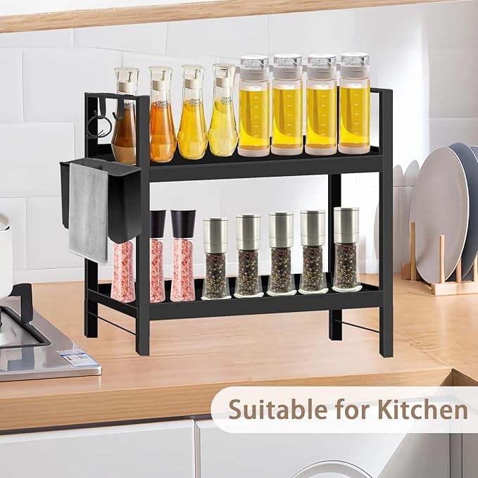 Bathroom Counter Organizer with Basket & Hooks, 2 Tier Bathroom Organizers and Storage for Perfume, Cologne or Spice, Black Countertop Organizer for Vanity, Kitchen, Office or Under Sinks