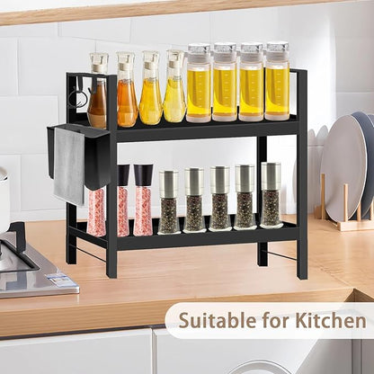 Bathroom Counter Organizer with Basket & Hooks, 2 Tier Bathroom Organizers and Storage for Perfume, Cologne or Spice, Black Countertop Organizer for Vanity, Kitchen, Office or Under Sinks