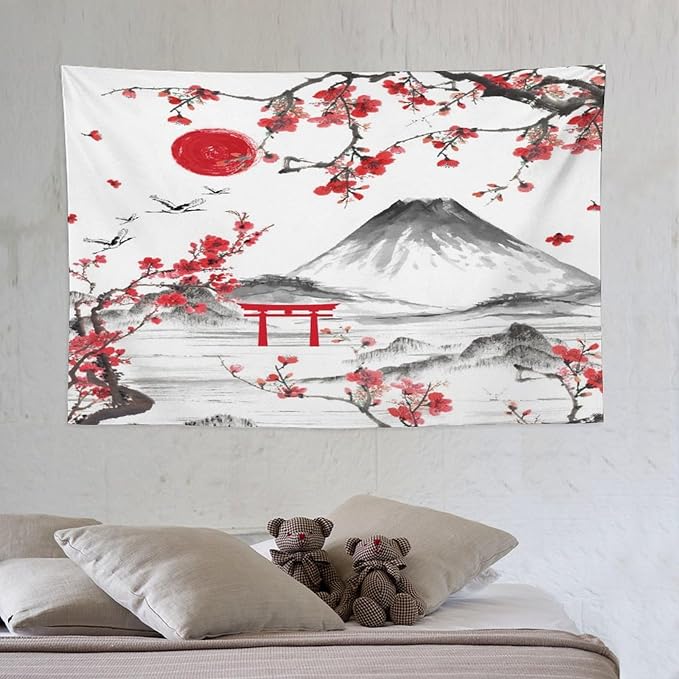 Red Cherry Blossoms Tapestry, Japanese Fuji Mountain Tapestry, Asian Japanese Wall Tapestry, Nature Landscape Tapestries for Bedroom Living Room Decor 60"x40"