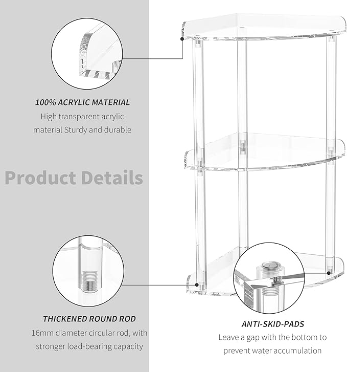 3 Tier Countertop Corner Organizer Shelf 7x7x15.7 Inch, Countertop Acrylic Bathroom Corner Shelf, Clear Vanity Storage Organizer for Cosmetics, Toiletries