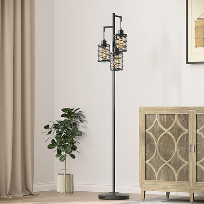 Oneach 70" Industrial Floor Lamp, Stepless Dimmable Standing Lamp with 3 Bulbs, Farmhouse Corner Standing Tree Lamp for Living Room, Tall Lamps for Bedroom, Office, Study Room, Dining Room, Black