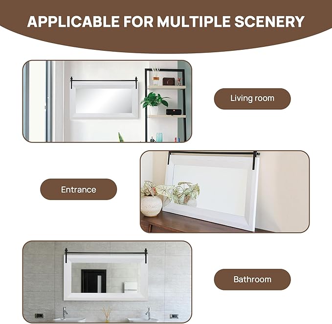 ALBAD Farmhouse Mirror for Wall Decor Wood Framed Bathroom Vanity Mirrors Vertical/Horizontal Hanging Barn Door Style Mirror for Living Room Bathroom Bedroom Entryway White