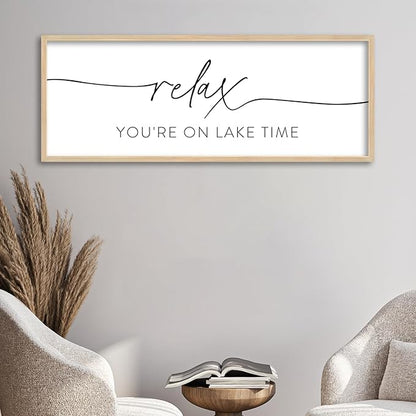 SRSZHIYUE Relax You're On Lake Time Wall Decor Above Bed Sign 32"×12" for Lake House Bedroom Over Bed Large Wood Framed Hanging Art (Wood)