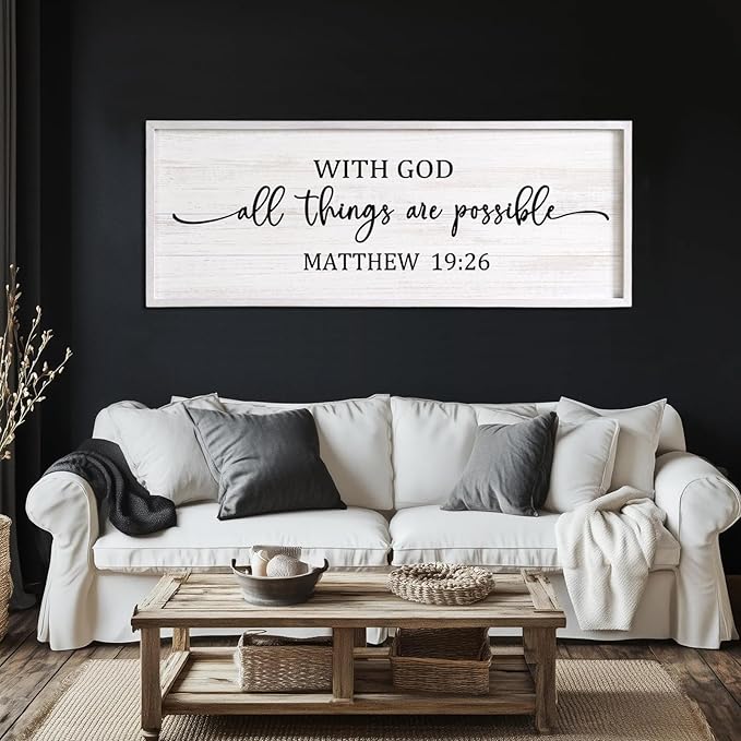 With God All Things are Possible Framed Wall Art, 40''×15'' Vintage Holy Religious Rustic Bible Verse for Christian God Jesus Christ Prayer, Positive Horizontal Inspirational Catholic Scripture Decor