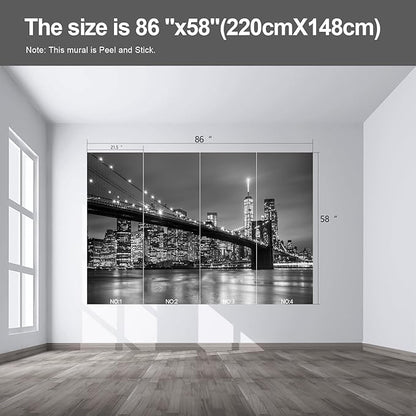 Gray Brooklyn Bridge at Night NYC Wall murals New York Peel and Stick Wallpaper for Bedroom Living Room - 58"x86"