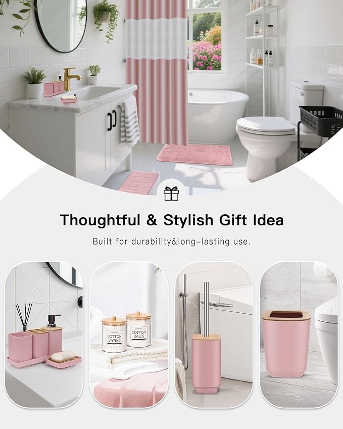 Bathroom Accessories Set,Pink Bathroom Set,24 Pieces Bathroom Accessory Set with Shower Curtain,Trash Can for Bathroom Accessories Décor and Home Gifts