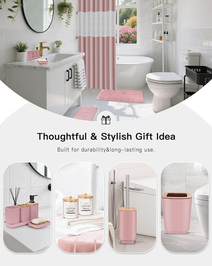 Bathroom Accessories Set,Pink Bathroom Set,24 Pieces Bathroom Accessory Set with Shower Curtain,Trash Can for Bathroom Accessories Décor and Home Gifts