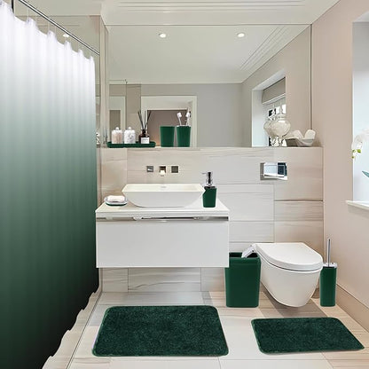 Dark Green Bathroom Accessories Set with Shower Curtain and No-Slip Bath Rugs,24PC Bath Sets with Trash Can, Toothbrush Holder, Cup, Soap Dispenser, Tray, Soap Dish, Toilet Brush, Qtip Holders