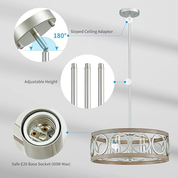 XINGQI 21.7'' Modern Farmhouse Chandelier Drum Pendant Lighting Fixture Hanging Ceiling Lamp for Living Dining Room Over Table, 5 Lights Antique Wood Grain Brushed Nickel with Round Metal