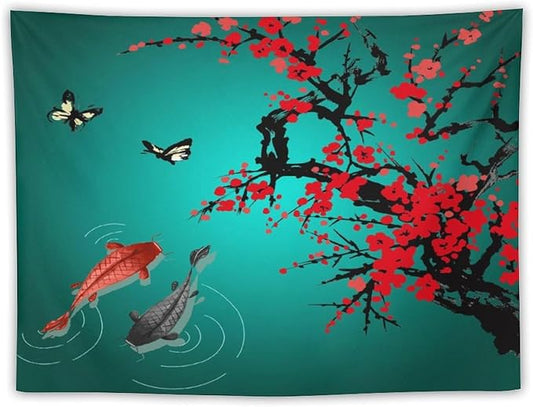 Houselerax Japanese Koi Fish Tapestry, Cherry Blossoms Asian Oriental Green Teal Floral Branch Koi Fish Carp Tapestries Wall Hanging for Bedroom Living Room Office Decor 60"x50"