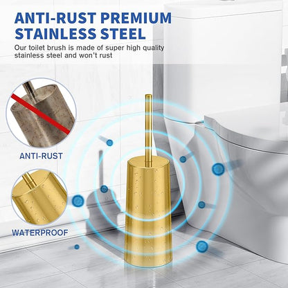 Toilet Brush and Holder, Toilet Brush Stainless Steel, Toilet Bowl Brush for Bathroom Toilet-Ergonomic, Elegant,Durable (Gold)