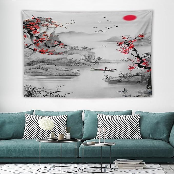 Cherry Blossoms Tapestry, Japanese Red Landscape Watercolor Abstract Art, Asian Japanese Wall Tapestry, Nature Landscape Tapestries for Bedroom Living Room Decor 60"x40"