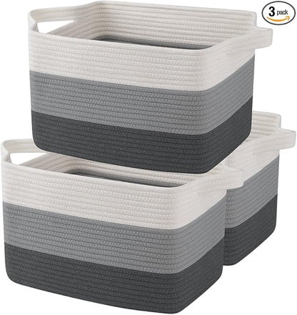 OIAHOMY Storage Basket, Woven Baskets for Storage, Cotton Rope Basket for toys,Towel Baskets for Bathroom - Pack of 3, Gradient Dark Gray