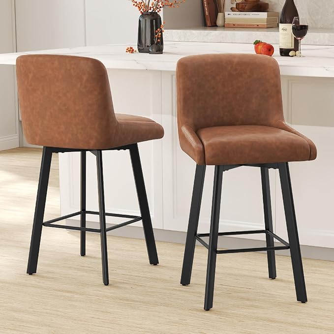 Swivel Bar Stools Set of 2, 26''H Upholstered Barstools with Backs, Modern Counter Height Bar Stool Chairs for Kitchen Island, Metal Legs, Faux Leather, Brown Counter Stools