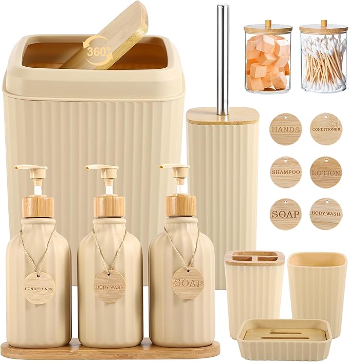 Bathroom Set 17PCS Beige Bathroom Accessories Set Bathroom Sets with Trash Can 3PCS Lotion Soap Dispenser, Toothbrush Holder,6PCS Wood Tags Bathroom Accessories for Kitchen Bathroom