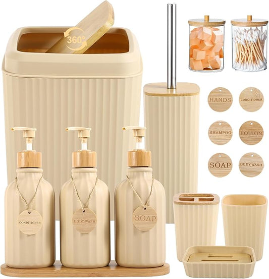 Bathroom Set 17PCS Beige Bathroom Accessories Set Bathroom Sets with Trash Can 3PCS Lotion Soap Dispenser, Toothbrush Holder,6PCS Wood Tags Bathroom Accessories for Kitchen Bathroom