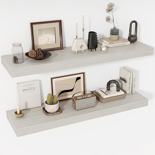 48 Inch Floating Shelves, 12" Deep Floating Shelf Wall Mounted, 48" Wall Shelves, Rustic Deep Bookshelf, Extra Deeper & Thicker Display Shelves for Bedroom, Living Room, Gray, Set of 2