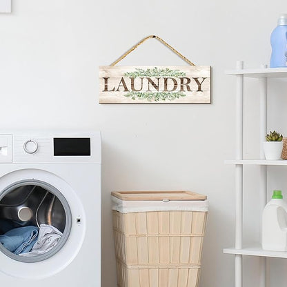 Bathroom Kitchen Laundry Pantry Sign Wall Decor 4 Piece, Wall Art with Plant Print, Rustic Farmhouse Wall Hanging Plaque Home Kitchen Decorative Bathroom, 4.7 x 13.7 inches